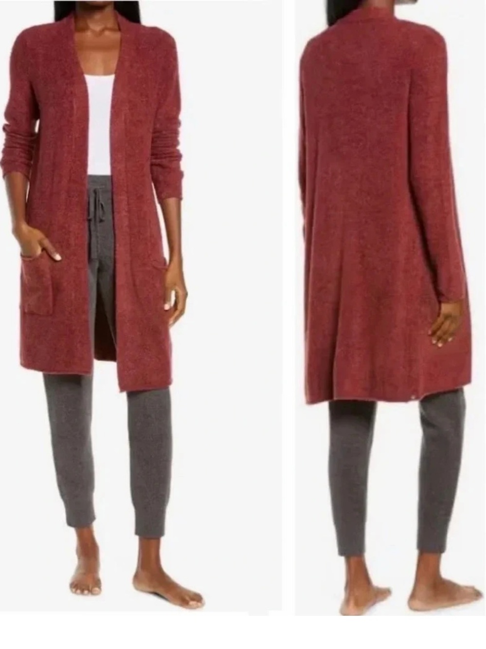 Barefoot Dreams CozyChic Open-Front Long Line Cardigan in Garnet